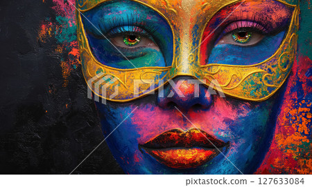 Vibrant face painting with a Venetian mask. Vibrant face painting with a Venetian mask. 127633084