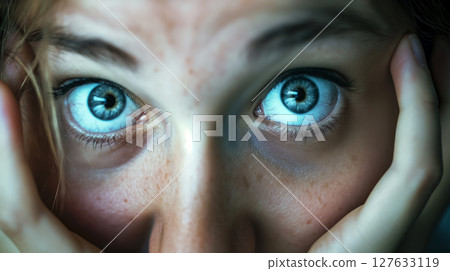 Intense blue eyes in a startled gaze. 127633119