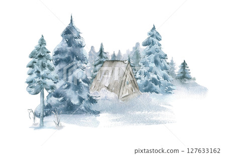 Watercolor sketch of ski chalet in snowy pine woods of foggy blue tones isolated on white. Winter woodland of spruce trees and hut hand drawn for seasonal packaging and Christmas designs. 127633162