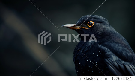 Blackbird close-up, intense orange eye. 127633184