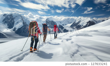 Climbers trekking in snow with mountain backdrop. 127633241