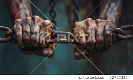 Hands gripping a heavy chain tightly. 127633254