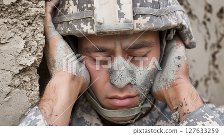 Despondent soldier with dirt-covered face. 127633259