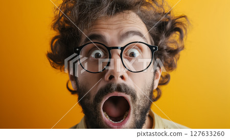 Man with shocked expression and wild hair. 127633260