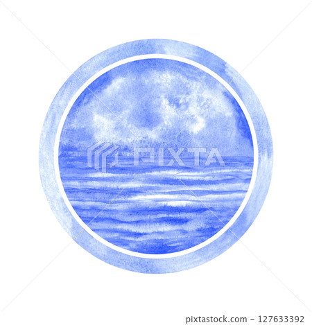 Seascape daytime in a round frame in a blue-and-white Delftware style, classic ceramic art. Perfect for sea decor, souvenirs, postcards, kitchen decor, branding with a nostalgic, romantic 127633392