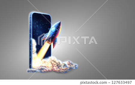 Digital rocket launch and phone. Application startup, new project, fast tech 127633497