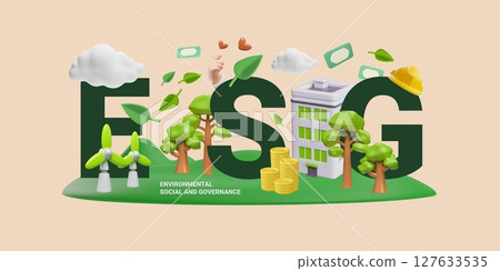 Environmental social and governance, ESG typographic 3D cartoon plastic style vector banner design, eco-friendly symbols Environmental social and governance, ESG typographic 3D cartoon plastic style vector banner design, eco-friendly symbols 127633535