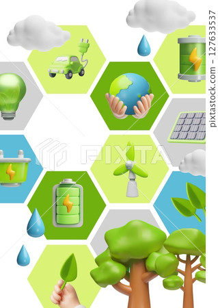 Environment, green energy 3D cartoon plastic style vector design, solar panel, electric car, windmill, nature symbols 127633537