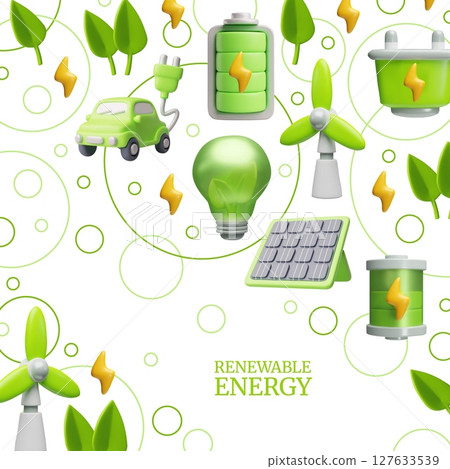Renewable green energy 3D cartoon plastic style vector poster design, solar panel, electric car, windmill, clean power Renewable green energy 3D cartoon plastic style vector poster design, solar panel, electric car, windmill, clean power 127633539