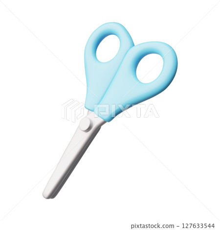 3D scissors. Vector illustration of plastic closed scissors with blue handle and rounded ends. 127633544