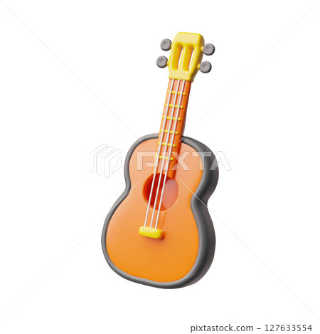 Acoustic guitar 3d plastic style vector icon, realistic string music instrument, cartoon classic retro wooden guitar 127633554