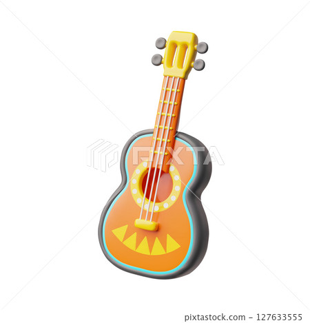 Acoustic guitar 3d plastic style vector icon, realistic string music instrument, classic decorated retro wooden guitar 127633555