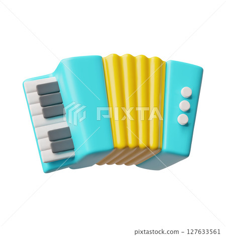 Harmonic 3D cartoon plastic style vector illustration, accordion wind instrument with keys for melodies performances 127633561