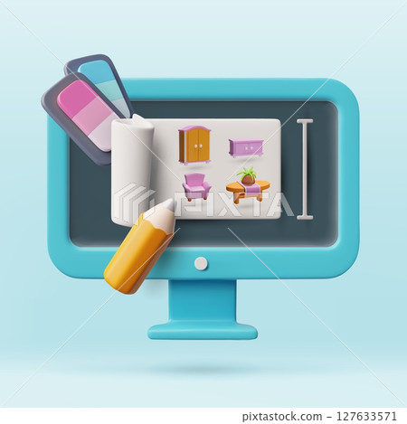 Furniture interior design service 3D vector illustration, color palette, wardrobe, table, pencil on computer screen 127633571