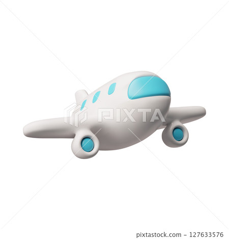 Airplane with blue portholes 3D style vector illustration, realistic white commercial passenger jet air transport 127633576