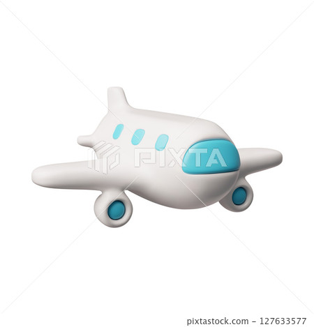 Airplane with blue portholes, 3D cartoon plastic style vector illustration, realistic white commercial jet air transport 127633577