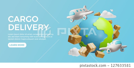 Airplane flight cargo delivery service advertising landing page design 3D cartoon vector banner design, order shipping 127633581