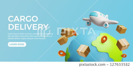 Airplane flight cargo delivery service advertising landing page vector 3D cartoon design, order shipping, logistic Airplane flight cargo delivery service advertising landing page vector 3D cartoon design, order shipping, logistic 127633582