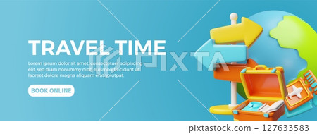 Travel time landing page design, suitcase, Earth, airplane flight tickets and pointer 3D plastic cartoon style vector 127633583