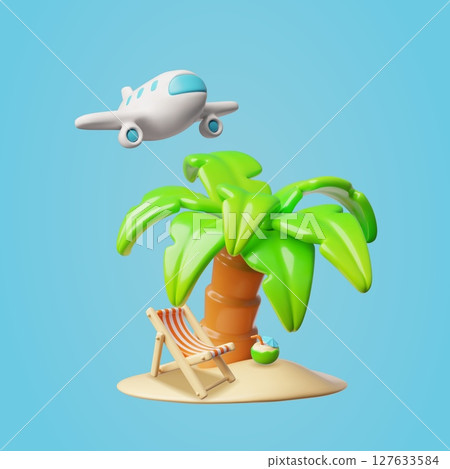 Beach chair and coconut cocktail on tropic island with palm tree 3D vector illustration, airplane flight vacation resort Beach chair and coconut cocktail on tropic island with palm tree 3D vector illustration, airplane flight vacation resort 127633584