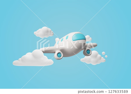 Airplane in sky with clouds, 3D cartoon plastic style vector illustration, realistic white commercial jet air transport 127633589