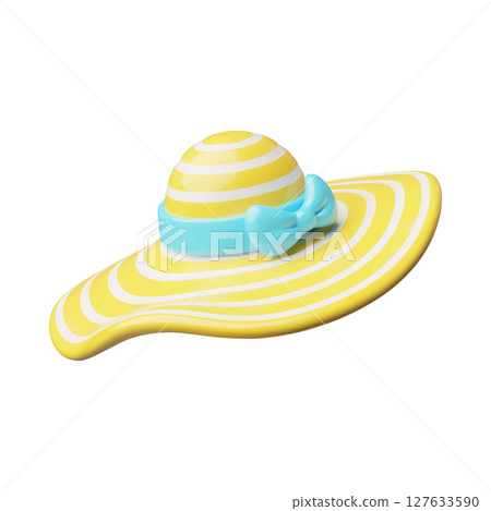 Sun hat with yellow stripes and blue bow 3D style vector icon, panama or bucket hat head accessory protect from the sun 127633590