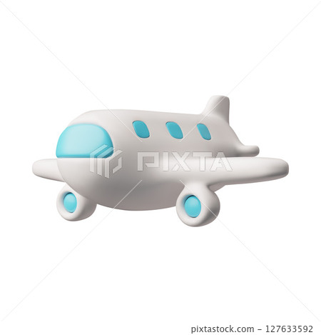 3D airplane with blue portholes, cartoon plastic style vector illustration, realistic white commercial jet air transport 127633592