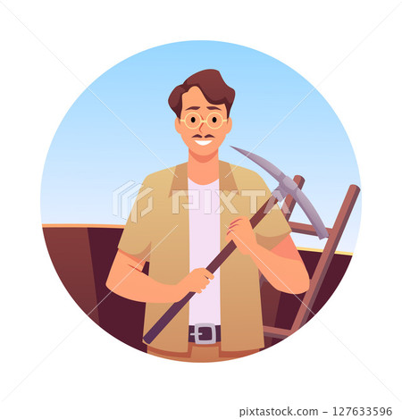 Archaeologist with pick axe at excavation site with ladder in background and blue sky. 127633596