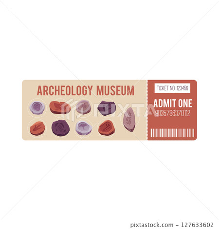 Museum ticket with fossils of plants, fish, bones and dinosaur footprints with barcode and number. 127633602