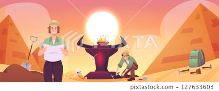 Banner with archaeologists exploring excavation site near burning altar, pyramids in sand, sunset. 127633603