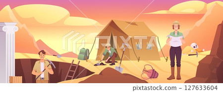 Archaeologists at a desert excavation site with a tent, ancient artifacts, tools, skeleton, column. 127633604