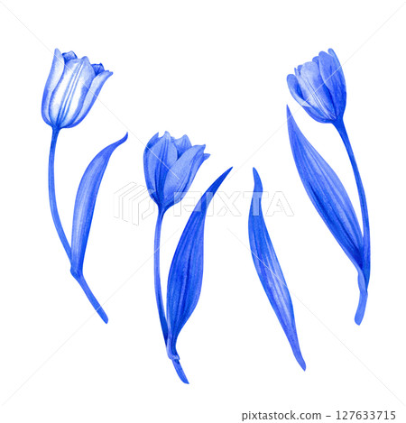 Tulip flowers in blue-and-white Delftware style, classic ceramic art. Perfect for souvenirs, postcards, kitchen decor,nostalgic, romantic 127633715