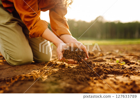 Farmer's woman's hands touch the soil in the field. Concept of gardening, agriculture. 127633789