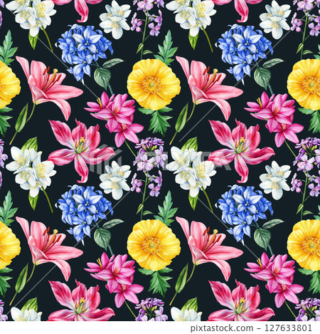 Watercolor wildflowers seamless pattern with lilies jasmine poppies and bluebell. Beautiful floral background for design, Watercolor wildflowers seamless pattern with lilies jasmine poppies and bluebell. Beautiful floral background for design, 127633801