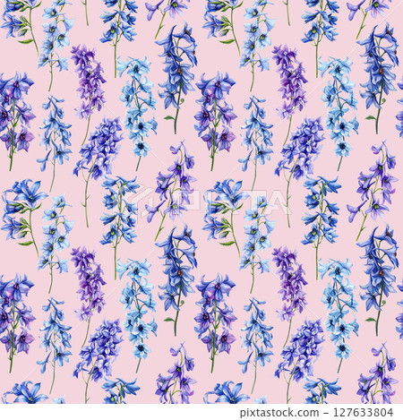 Delphinium watercolor seamless pattern with blue and violet Larkspur flowers. Botanical background with plant elements for design Delphinium watercolor seamless pattern with blue and violet Larkspur flowers. Botanical background with plant elements for design 127633804
