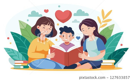 The scene radiates a sense of love, bonding, and the simple joy of shared reading. 127633857