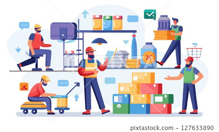 Their focused movements and coordinated actions highlight the smooth workflow of the warehouse. 127633890