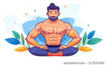 His muscular physique and relaxed posture suggest both physical strength and inner peace. 127633892
