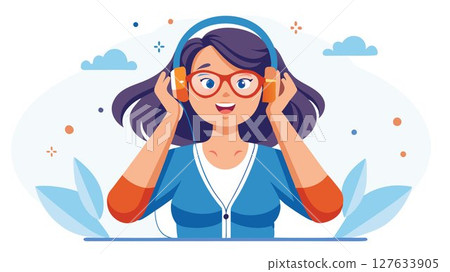 Her expression is one of curious anticipation as she carefully places the headset over her eyes. 127633905