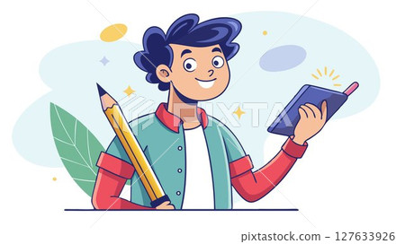 He holds a pencil in his hand, poised as if about to sketch or make notes. He holds a pencil in his hand, poised as if about to sketch or make notes. 127633926