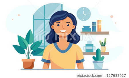 Her warm smile and welcoming expression create a positive and reassuring atmosphere. Her warm smile and welcoming expression create a positive and reassuring atmosphere. 127633927