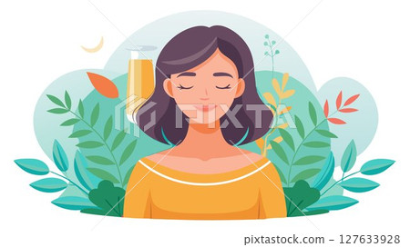 The woman's relaxed expression suggests a moment of self-care and pampering. 127633928