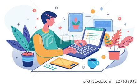 His hands actively type, possibly sketching designs or writing code for a fashion program. 127633932