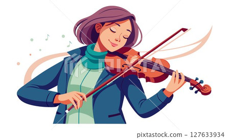 Her fingers move gracefully across the strings, producing a clear and resonant tone. 127633934