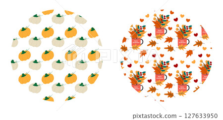 Pumpkins and Autumn leaves Composition in cup Seamless Pattern on Circle Backdrop Seasonal Fond Set 127633950