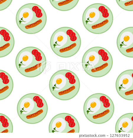 Fried Egg Tomatoes cilices and Grilled sausage on plate Seamless Pattern Breakfast Food Poster Fond 127633952