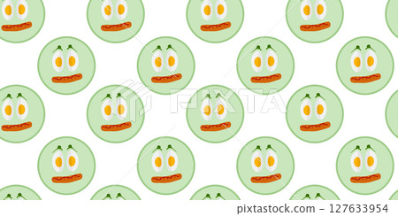 Hard Boiled egg quarters and grilled sausage with Ketchup ang Greens Cute Emoticon Seamless Pattern Hard Boiled egg quarters and grilled sausage with Ketchup ang Greens Cute Emoticon Seamless Pattern 127633954