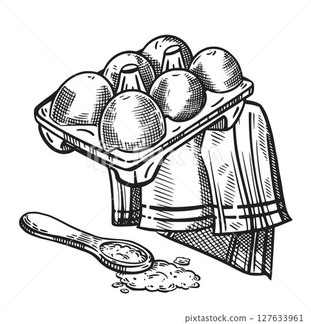 Chicken eggs in a cell, a kitchen towel, a tablecloth and a measuring spoon with salt. All objects are hand-drawn in vector. For printing on product packaging, for the design of the cooking process. 127633961