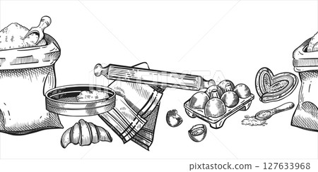 Seamless border on the theme of cooking. a bag of flour, a rolling pin, a sieve, chicken eggs, sweet buns, croissants. For the design of packaging, the interior of bakeries and confectioneries. 127633968