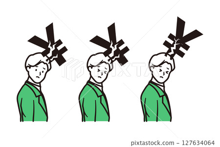 一組簡單的插圖，描繪了一位商人擔心金錢的問題 127634064